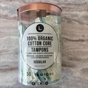 L. 100% Organic Cotton Core Tampons Regular Absorbency 30 Count BPA-Free Plastic
